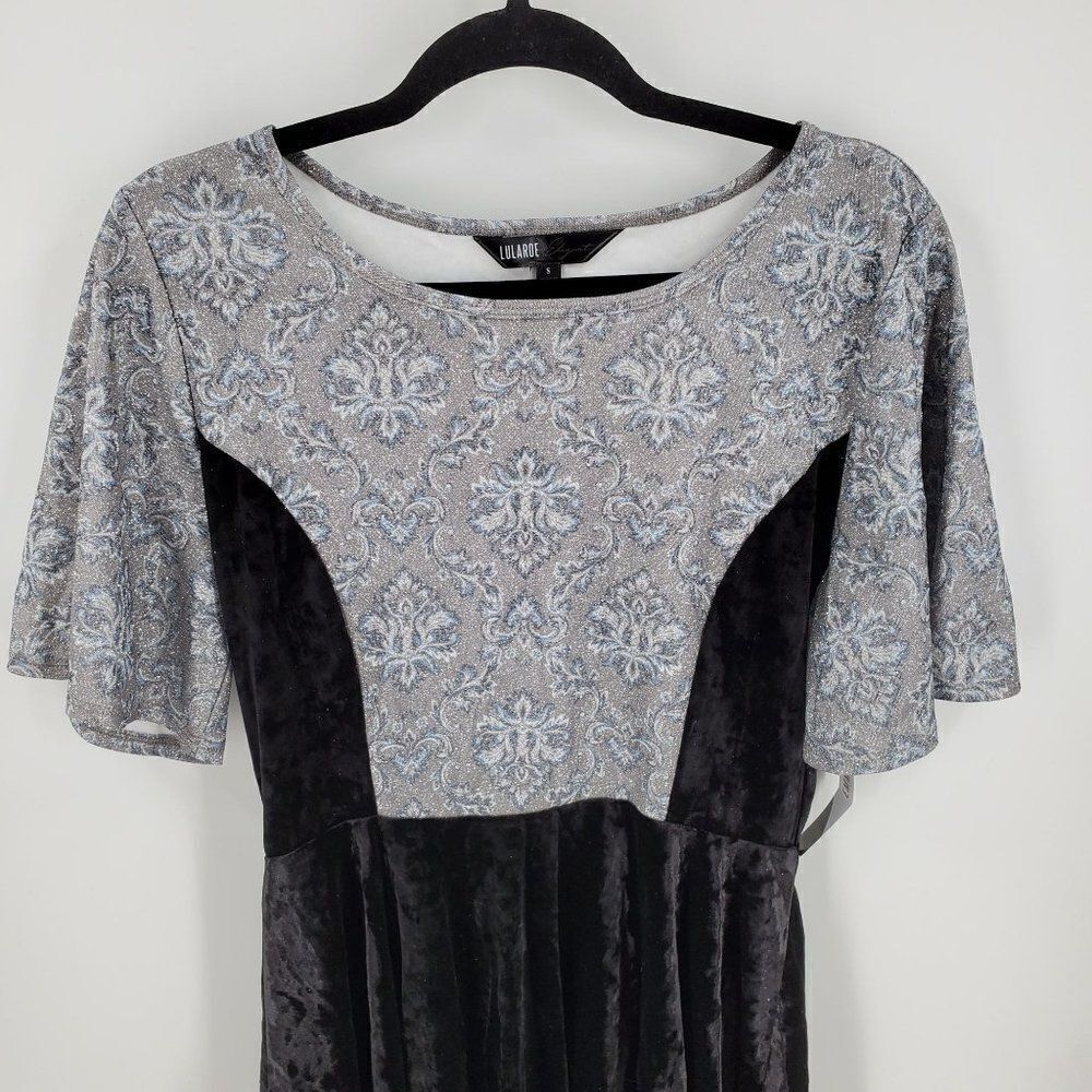 LuLaRoe Elegant Womens Emma Peplum Top Bell Sleeve Black Silver Sparkle Size S - Picture 2 of 8